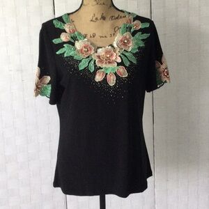 GITI Embroidered Black Floral Blouse w/stones Sz M/L   #330